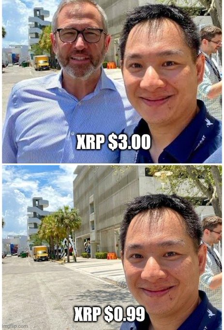 The meme shows two photos of the same man taking a selfie at what appears to be a conference, with the first image featuring two people (him and an older man) labeled "XRP $3.00" and the second showing just him alone labeled "XRP $0.99." The post caption "Ripple explained in meme form" relates to the joke that Ripple's team or value shrinks significantly when the other person leaves, humorously suggesting XRP loses its value without its key partnerships or supporters.