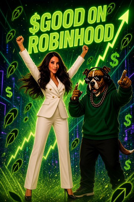 The image features a stylized digital poster with bold green text reading "$GOOD ON ROBINHOOD" over a vibrant green market-chart background, alongside a triumphant woman in a white suit raising her arms and a hip-hop-styled dog wearing pixel sunglasses, a green hoodie, and a chain necklace. It visually promotes the $GOOD community token on Robinhood Chain, with the dog mascot and upward chart arrows reinforcing the "Scare money don't make money" message of the post.