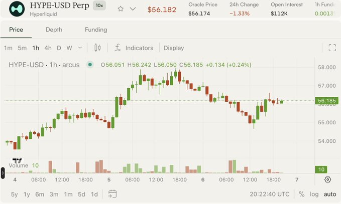 Trading chart for HYPE-USD Perp on Hyperliquid showing a current price of $56.182, down 1.33% over 24h, displayed in a candlestick format on the 1h timeframe.