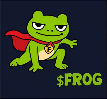 A cartoon mascot of a green frog wearing a red cape with an 'F' logo on a gold tag, accompanied by the text '$FROG' in bright green letters.