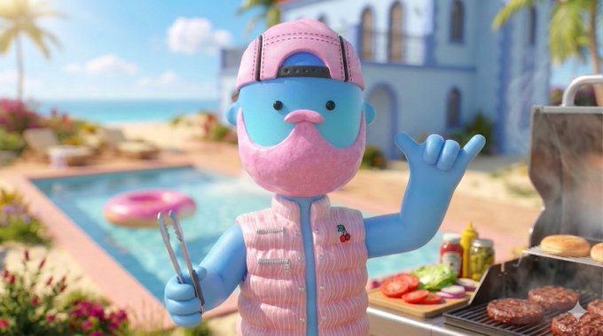 A blue and pink cartoonish character wearing sunglasses, a pink hat, and a pink vest holds tongs and makes a 'shaka' hand sign while standing near a grill with burgers and a swimming pool in the background.
