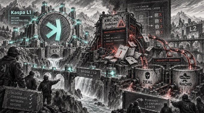 The image depicts a dramatic allegorical scene showing Kaspa's secure L1 base being undermined by a flawed KRC-20 indexing layer on the right, which siphons unbacked balances through a bridge toward L2. Key labels include "KRC-20 Indexer" with "Unauthorized Balances" (mint, fake balances, invalid transfers, drain), "Liquidity Drained" flowing into Zeal and Nacho pools, and "Off-Chain Accounting Layer" with an L2 destination—visually illustrating how an exploit in the Kasplex indexing layer could mint fake assets and bridge them to Layer 2.
