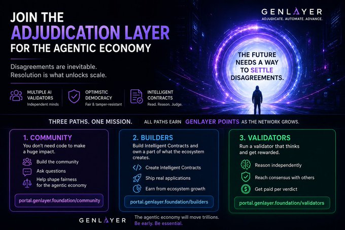 A promotional graphic for GenLayer inviting people to join the "Adjudication Layer for the Agentic Economy," highlighting three participation paths—Community, Builders, and Validators—with corresponding portal links (portal.genlayer.foundation/community, /builders, /validators). The image ties to the post by showcasing the Community path as one of the three options, emphasizing involvement without coding, including building community, asking questions, and helping shape fairness.