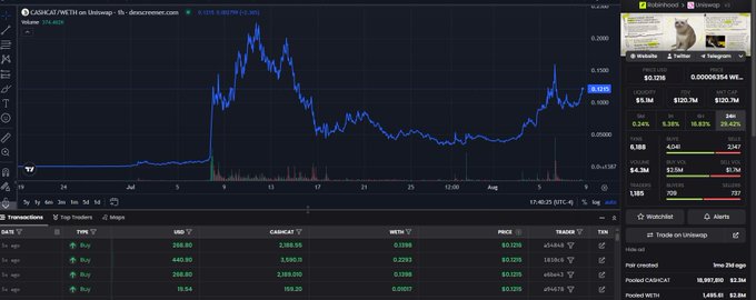 A trading chart displays CASH.CAT/WETH on Uniswap with a 5% price decline over 24 hours and a current price of $0.0295, paired with a tweet preview about upcoming catalysts for $CASHCAT including potential exchange listings and utility growth on the Cashcat launchpad.