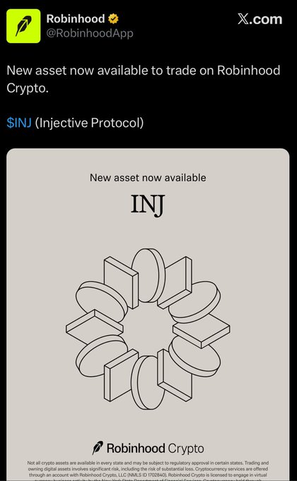 A Robinhood Crypto announcement on X.com stating that INJ (Injective Protocol) is now available to trade, featuring the INJ logo design.