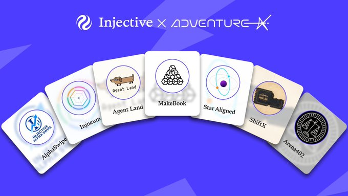 A promotional graphic for 'Injective x ADVENTURE' displays fanned-out cards featuring project names: AlphaSwipe, Injineum, Agent Land, MakeBook, Star Aligned, ShiftX, and Arena402.