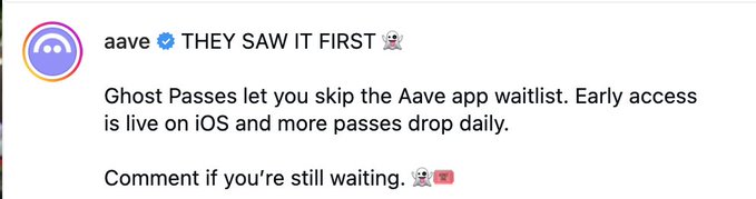 Instagram post from @aave announcing Ghost Passes that allow users to skip the Aave app waitlist, with early access live on iOS.
