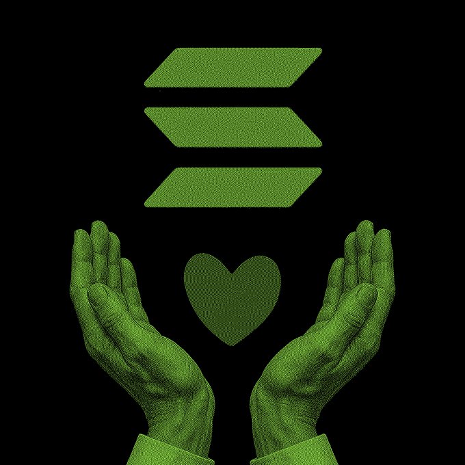 A pair of green-tinted hands cradle a green heart beneath three stacked green bars. Complementing the post's note about a "sacred timeline," the imagery suggests the divine protection or revered status now given to the bar/coin logo at the center.