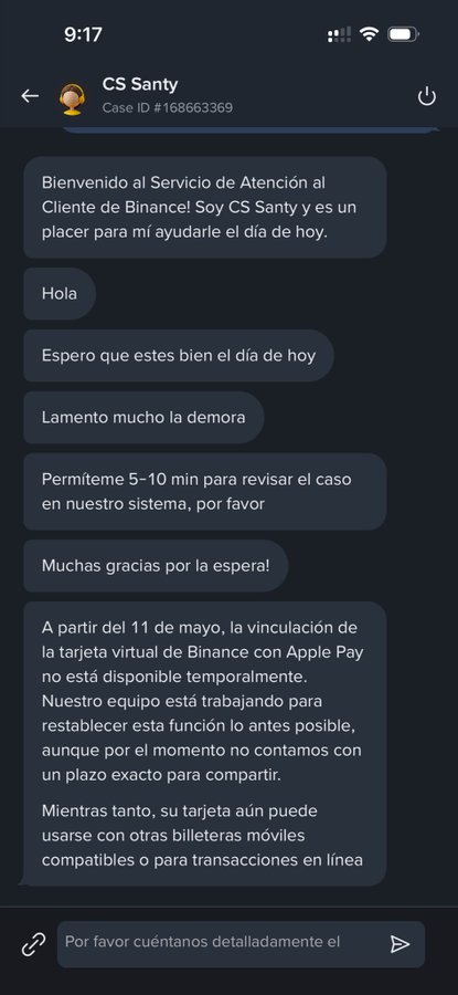 A Binance customer support chat in Spanish with CS Santy (Case ID #168663369) regarding the temporary unavailability of linking the Binance virtual card with Apple Pay as of May 11.