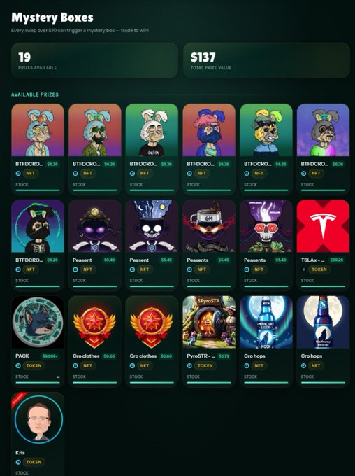 A digital interface displaying 'Mystery Boxes' with 19 prizes available and a total prize value of $137, showing various NFT character cards like 'BTFDCR0...' and 'Peasent' along with other collectibles.