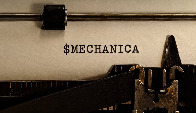 A vintage typewriter displays the text "$MECHANICA" on its paper, evoking a retro, mechanical aesthetic that complements the ticker symbol's mechanical-themed name. The image serves as a thematic teaser announcing $MECHANICA's imminent launch.