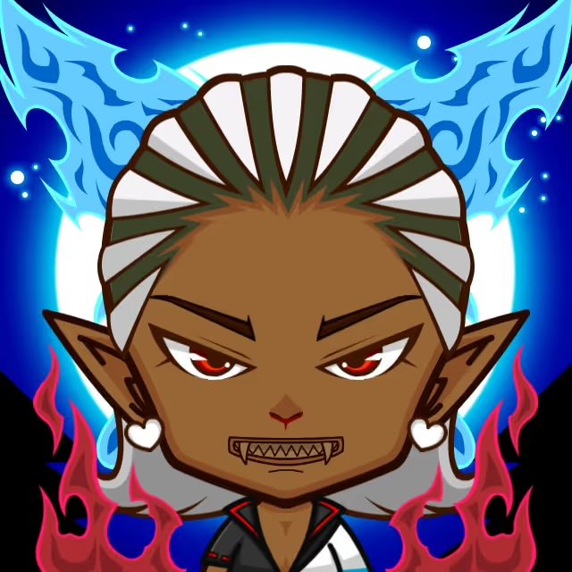 A stylized cartoon demon character with brown skin, red eyes, sharp fangs, white-striped hair, and blue flame wings stands against a blue moon background with red flames at the bottom.