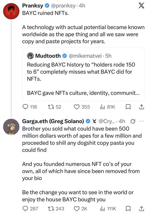 Screenshot of X (Twitter) posts discussing BAYC (Bored Ape Yacht Club) NFTs, with Pranksy criticizing that 'BAYC ruined NFTs' and Garga.eth responding about the project's financial value.