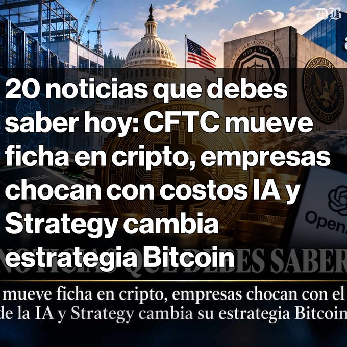 A news graphic in Spanish featuring the U.S. Capitol building, an American flag, a Bitcoin, and logos for CFTC, Strategy, and OpenAI, with text reading '20 noticias que debes saber hoy: CFTC mueve ficha en cripto, empresas chocan con costos IA y Strategy cambia estrategia Bitcoin'.