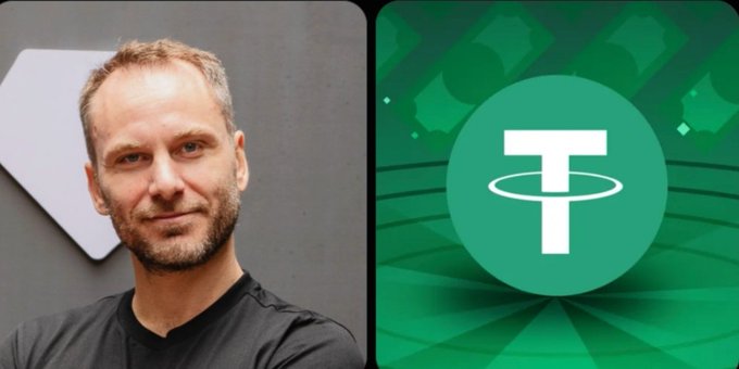 The left panel shows a portrait of a bearded man in a black shirt, identified by the context as Tether CEO Paolo Ardoino, while the right panel displays the green Tether (USDT) logo—a stylized "T" with an orbital ring—set against a radiating green background. The imagery directly supports the post's narrative about Ardoino's vision for expanding Tether's reach beyond stablecoins into mobile-based AI applications.