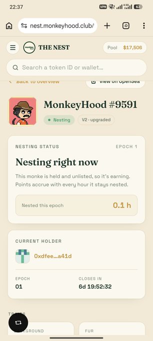 A screenshot of the Nest.Monkeyhood.club website showing MonkeyHood #9591 is currently nesting (held and unlisted), with 0.1 hours nested this epoch, held by 0xdfee...a41d, and a pool of $17,506.