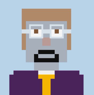 A pixel art avatar of a bearded man wearing glasses and a purple shirt with a yellow tie on a light blue background.