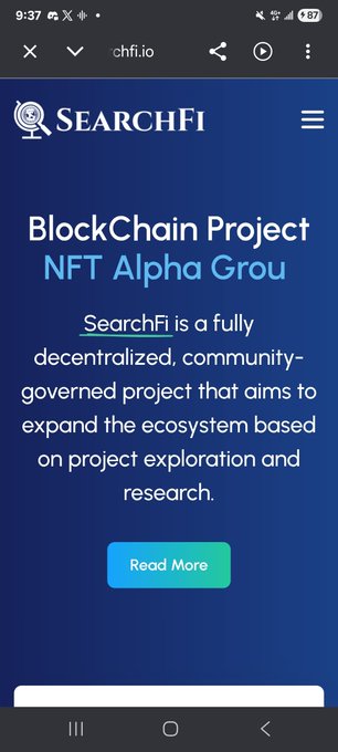 A mobile website for "SEARCHFi" describes it as a "BlockChain Project NFT Alpha Group" and a fully decentralized, community-governed project.