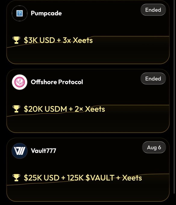 A list of three MegaETH ecosystem campaign rewards showing Pumpcade ($3K USD + 3x Xeets) and Offshore Protocol ($20K USDM + 2x Xeets) as concluded, with Vault777 ($25K USD + 125K $VAULT + Xeets) still active until August 6th. The image visually supports the post by confirming that only @UseVault777 remains open, offering the largest prize pool with a "$25K + $VAULT" reward and low competition for InfoFi creators.