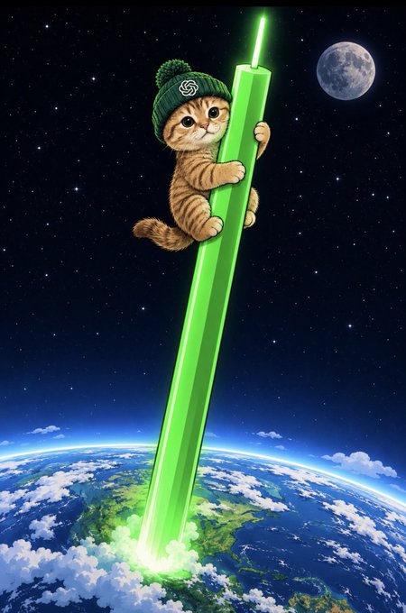 A whimsical illustration of a cat in a green beanie clinging to a giant glowing green lightsaber-like beam that extends from Earth into space under a moonlit sky.