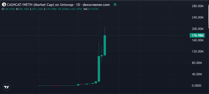 The image shows a daily candlestick chart of the CASHCAT/WETH trading pair on Uniswap, depicting a dramatic price surge to an all-time high market cap of 210.95M (up 165.47% with a high of 208.18M), corroborating the post's claim that "cash-cat:native officially hits ATH 210M."