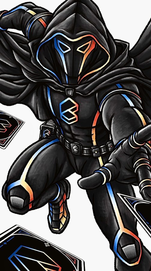 A digital illustration of a hooded, masked figure in black with blue and orange glowing accents, featuring a stylized 'B' logo on its chest and surrounded by floating cards with matching logos.