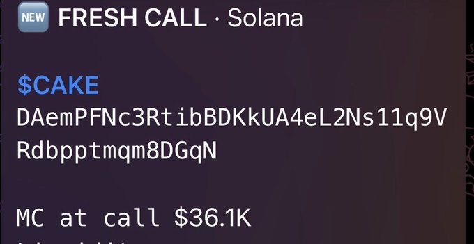 A graphic displaying a 'FRESH CALL · Solana' for '$CAKE' with the token address 'DAemPFNc3Rt ibBDKkUA4eL2Ns11q9VRdbpptmqm8DGqN' and market cap 'MC at call $36.1K.'