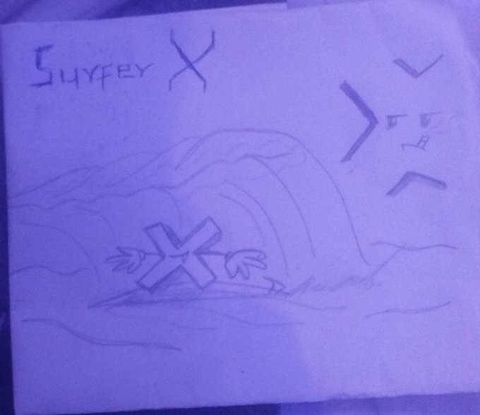 A hand-drawn pencil sketch on paper showing a partially submerged character with an X over its face, with the name 'Suryfey' and an X written in the corner.