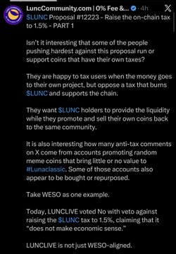 A social media post from LuncCommunity criticizing $LUNC Proposal #12223 to raise on-chain tax from 0% to 1.5%, citing concerns about harming the community and noting LUNCLIVE voted against it.