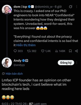 Twitter/X posts from 'dom | icp' (@dominic_w) discussing PhD engineers and NEAR 'Confidential Intents' with a quote about privacy claims, followed by a reply from 'Andy' (@andyys) referencing Lmfao ICP founder's opinion on blockchain tech.