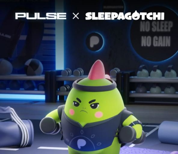 A promotional graphic featuring 'PULSE X SLEEPAGOTCHI' with the slogan 'NO SLEEP NO GAIN', showing a green, grumpy-looking character wearing a sleep cap and workout gear in a gym setting.