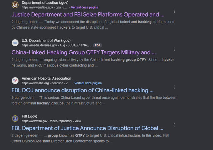 A screenshot of a Google search results page displays multiple government and organizational headlines related to the DOJ and FBI's announcement about disrupting Chinese-linked hacking group QTFY (also referred to as "Salt Typhoon"), which targeted U.S. critical infrastructure, military networks, and healthcare systems. Notable sources include the Department of Justice (.gov), U.S. Department of War (.gov), American Hospital Association, and FBI (.gov), all featuring posts within the past 2 days about the cyber threat.

This image visually supports the post's claim that "every major government linked website" has coverage of QTFY's activities, showing official sources documenting their attacks on military, hospitals, and infrastructure — directly tying into the cryptocurrency token promotion ($QTFY) mentioned in the caption.
