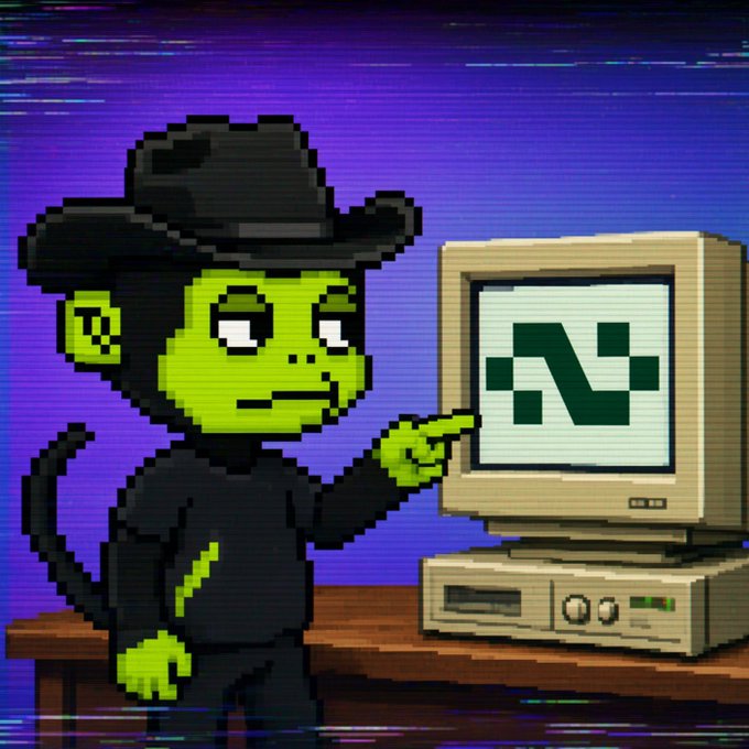A pixel-art hacker points at a computer displaying an “N,” teasing an upcoming token or project launch. The accompanying post announces the contract address: `0x9B52d1C25c002BA6Ff5b68E8F9Ff4f2A27099e8f`.