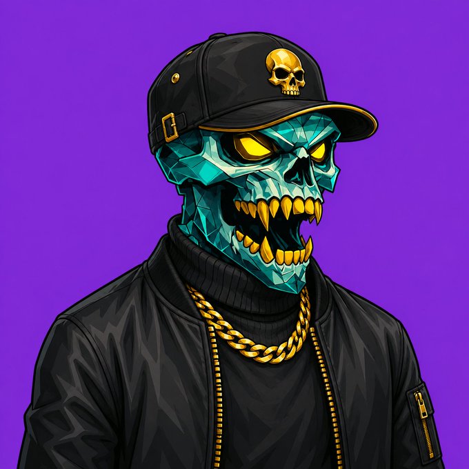 An illustrated digital artwork of a turquoise skull with glowing yellow eyes and gold teeth, wearing a black cap with a gold skull emblem, a black bomber jacket, and a gold chain, set against a purple background.