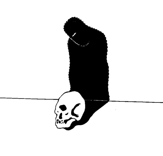 A minimalist black-and-white illustration of a shadowy hooded figure looking down at a skull resting on a horizontal line.