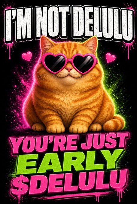 A graphic features an orange tabby cat wearing pink heart-shaped sunglasses with the text 'I'M NOT DELULU YOU'RE JUST EARLY $DELULU' in colorful, dripping letters.