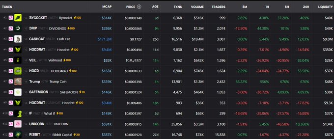 Cryptocurrency token trading table listing meme coins and tokens including BYODUCKET, DRIP, CASHCAT, HOODRAT, VEIL, HOOD, Trump, SAFEMOON, RIBBIT, and UNICORN, with columns for MCAP, price, age, TXNS, volume, and traders.