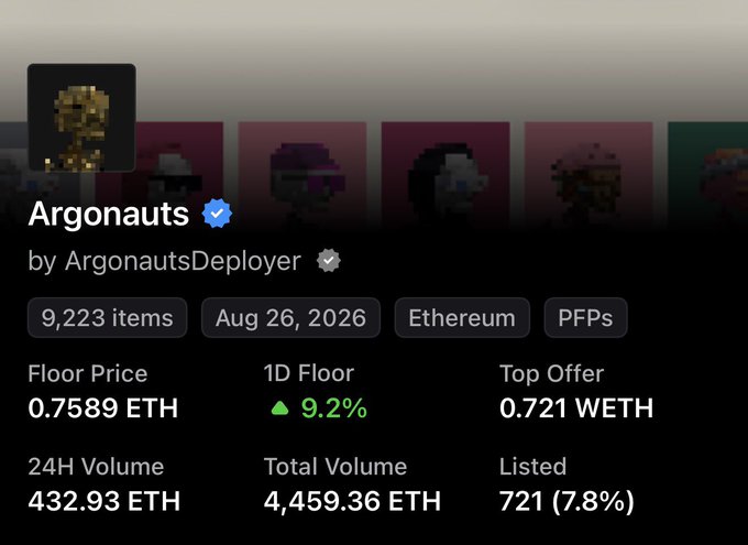A screenshot of an NFT collection overview for "Argonauts" by ArgonautsDeployer, showing 9,223 items on Ethereum with a floor price of 0.7589 ETH (up 9.2% in 24H), a top offer of 0.721 WETH, 24H volume of 432.93 ETH, total volume of 4,459.36 ETH, and 721 (7.8%) listed.