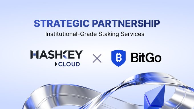 A graphic announcing a 'STRATEGIC PARTNERSHIP' for 'Institutional-Grade Staking Services' between 'HASHKEY CLOUD' and 'BitGo', with metallic infinity symbols and a blue gem at the bottom.