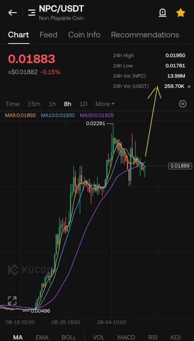 A cryptocurrency chart on KuCoin showing NPC/USDT priced at 0.01883, with a 24h Vol (USDT) of 259.70K highlighted by a yellow arrow.