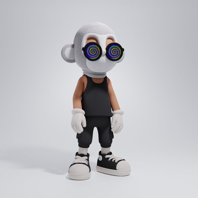 A 3D-rendered cartoon character wearing a gray monkey hood, black tank top, black shorts, white gloves, and black sneakers, with rainbow spiral eyes.