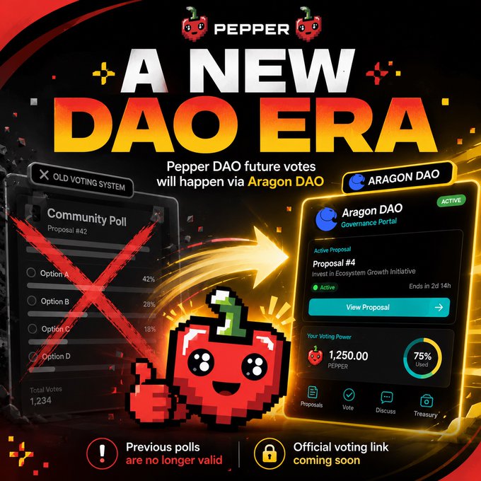 A promotional graphic announcing "A NEW DAO ERA" for Pepper, featuring a pixelated chili pepper mascot, contrasting a crossed-out "OLD VOTING SYSTEM" community poll with a new "ARAGON DAO" governance portal showing Proposal #4 with 1,250.00 PEPPER voting power and notes that previous polls are no longer valid while an official voting link is coming soon.