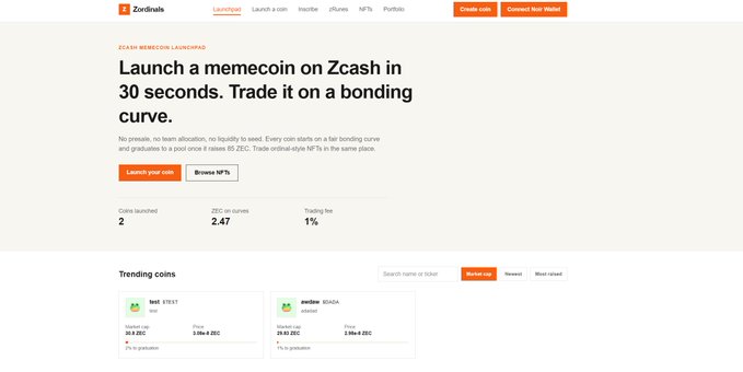 The Zcash meme coin launchpad website (Zordinals) with the headline 'Launch a memecoin on Zcash in 30 seconds. Trade it on a bonding curve.'
