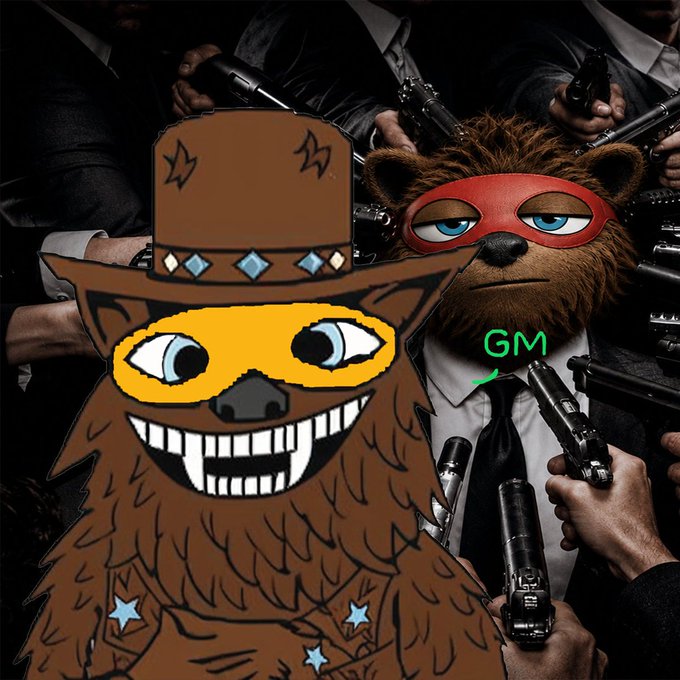 A meme image featuring cartoon brown creatures (one resembling Wojak with a hat, another a bear with a red mask) overlaid on a background of people in suits holding guns, with 'GM' text and green arrows.