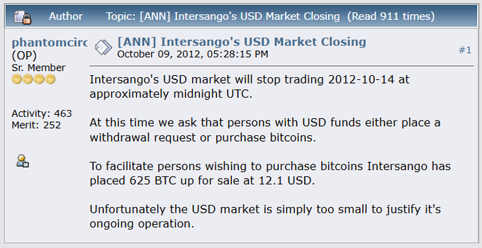 A forum announcement from phantomcirc on October 9, 2012, titled "[ANN] Intersango's USD Market Closing," notifies users that Intersango's USD market will stop trading on October 14, 2012, directing USD holders to withdraw funds or purchase 625 BTC offered at $12.10 each before the market ceases operations. This announcement relates to the accompanying post about the U.K. investor recovering $5M in lost Bitcoin, as it documents the early stages of Intersango's eventual 2014 collapse—a defunct exchange whose dormant accounts have recently been unlocked through court action.