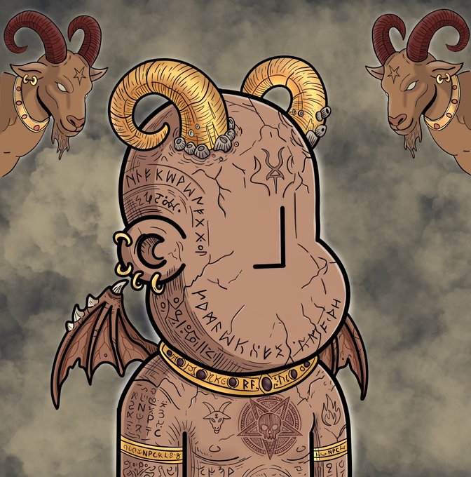 A stylized illustration of a horned, goat-like figure covered in cryptic runes and symbols, flanked by two ram heads, with visible letters like "RF" on a gold collar—imagery matching the poster's mystical, meme-like vibe for their "GM CT, TGIF" message about touching "grASS."