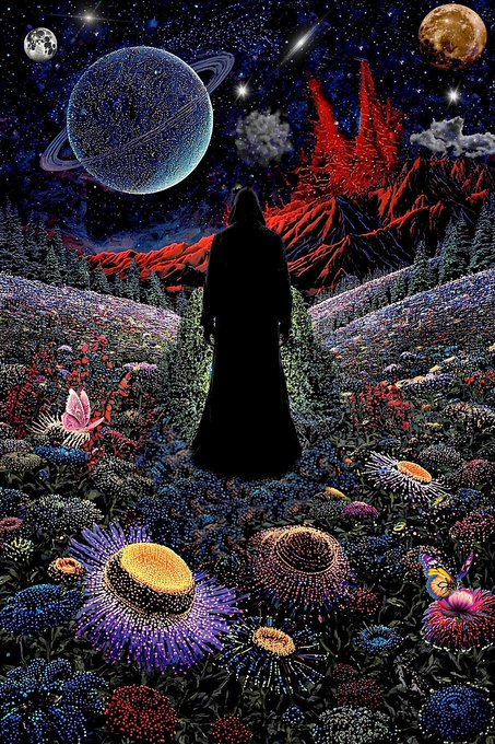 A hooded figure in a long dark cloak stands in a vibrant, otherworldly garden of pointillist flowers, gazing out at a surreal cosmic landscape featuring a large ringed planet, a golden moon, and stars against a deep space sky.