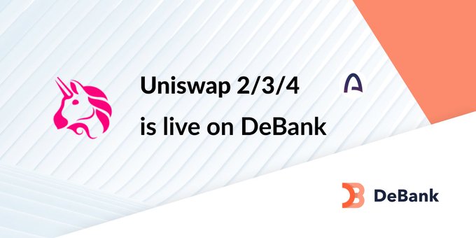 A promotional banner reading 'Uniswap 2/3/4 is live on DeBank' featuring the Uniswap unicorn logo and the DeBank logo.