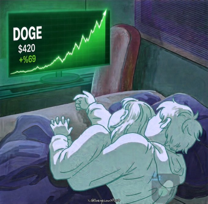 An illustrated scene shows two figures sleeping in bed while glowing in the green light from a monitor displaying a 'DOGE' stock chart showing +%69 gain at $420, credited to x:@GoatecoinXFeet.