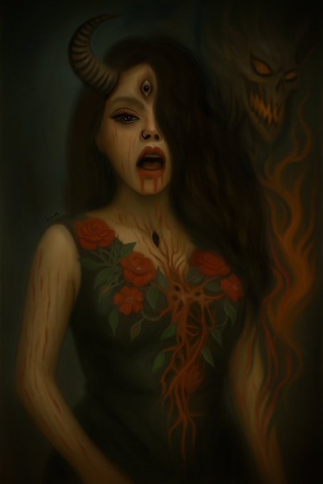 A dark fantasy digital painting depicting a horned woman with a third eye, blood dripping from her mouth, and a flaming demonic skull looming behind her, exemplifying "Skull" art with its macabre, supernatural aesthetic.